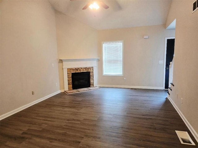 204 Twin Pines Ct, Dallas, GA 30132 - unfurnished living room featuring a ceiling fan, dark wood finished floors, baseboards, and a fireplace