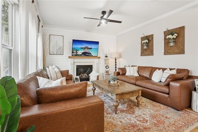 living area with ornamental molding, a glass covered fireplace, ceiling fan, and wood finished floors