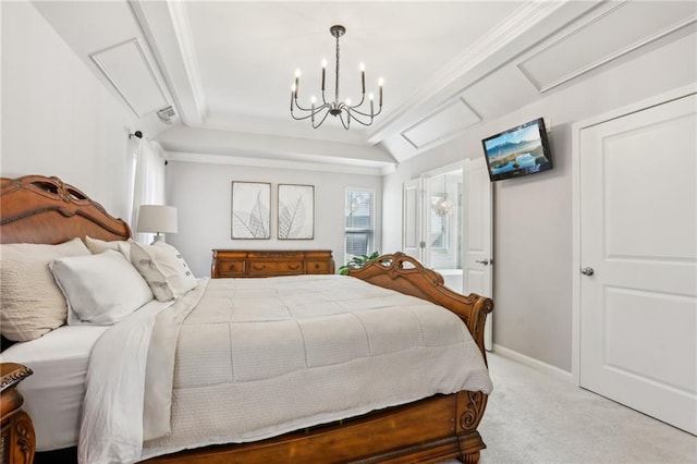 bedroom featuring a raised ceiling, attic access, crown molding, and carpet floors