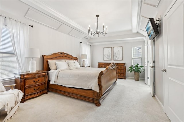 bedroom featuring light colored carpet, a notable chandelier, and baseboards