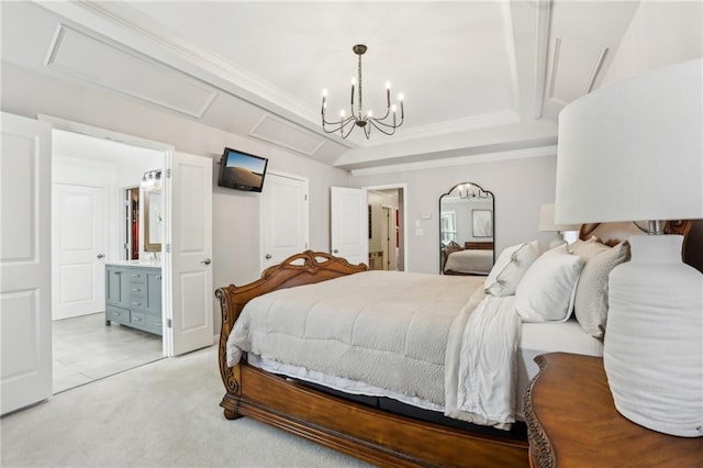 bedroom featuring ensuite bathroom, light carpet, and a notable chandelier