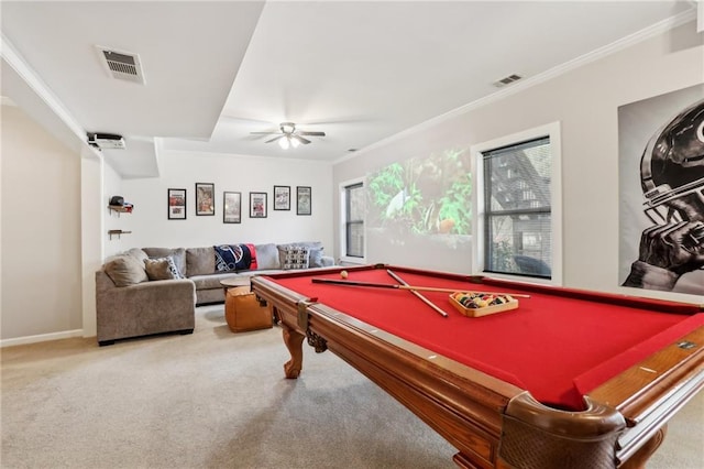 game room with crown molding, visible vents, a ceiling fan, and carpet floors