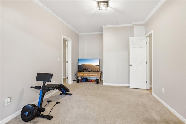 exercise room featuring crown molding, carpet floors, and baseboards