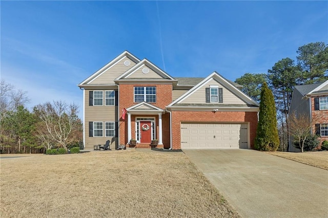 view of front of property with concrete driveway, a front lawn, and brick siding