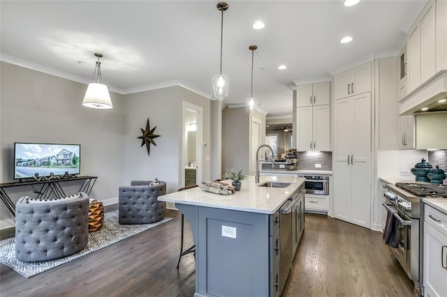 kitchen with dark wood-style floors, a sink, appliances with stainless steel finishes, and crown molding