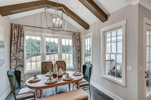 dining room with dark wood-style floors, a notable chandelier, vaulted ceiling with beams, and baseboards