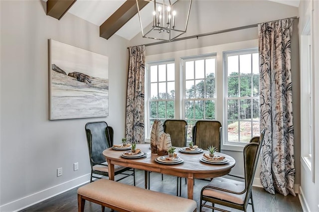 dining space with vaulted ceiling with beams, a notable chandelier, baseboards, and dark wood-style flooring