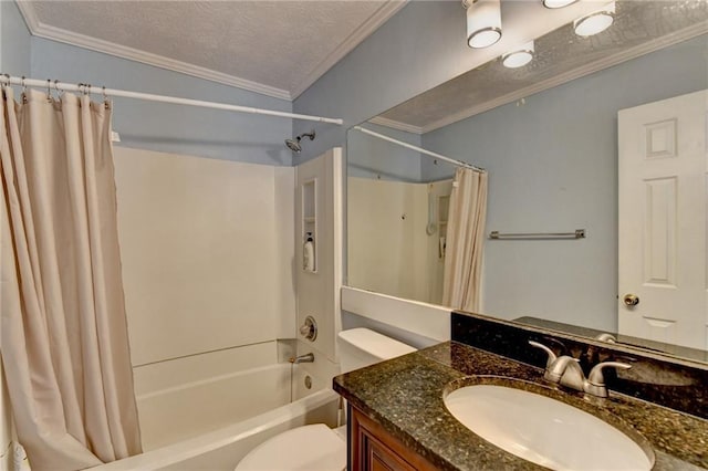 6118 Queen Anne Ct, Norcross, GA 30093 - full bathroom featuring ornamental molding, shower / tub combo, toilet, vanity, and a textured ceiling