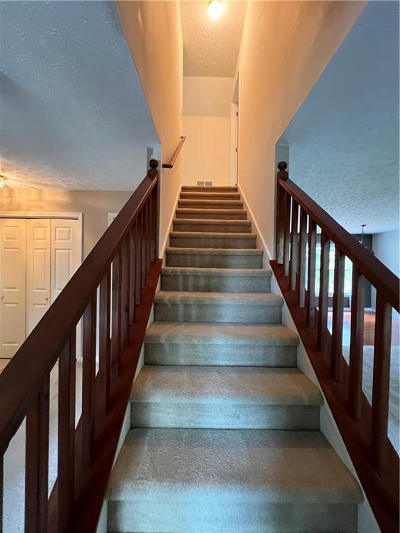 11 Seabreeze Way, Dawsonville, GA 30534 - stairs featuring a textured ceiling and carpet floors