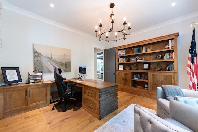 office area with a chandelier, light wood-type flooring, and ornamental molding