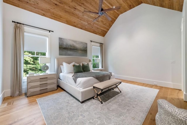 bedroom with multiple windows, high vaulted ceiling, wood ceiling, and light wood-type flooring