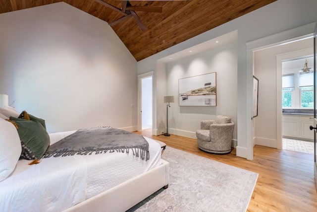 bedroom featuring ceiling fan, light wood-type flooring, wood ceiling, and lofted ceiling