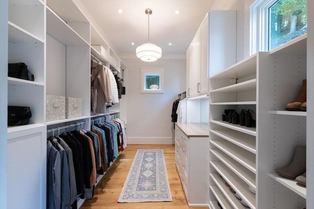 spacious closet with light hardwood / wood-style floors