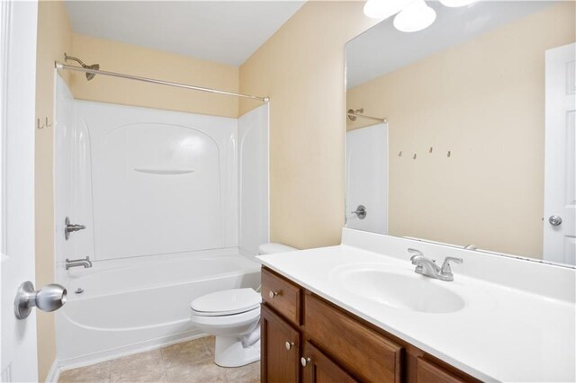 full bathroom featuring bathtub / shower combination, vanity, and toilet