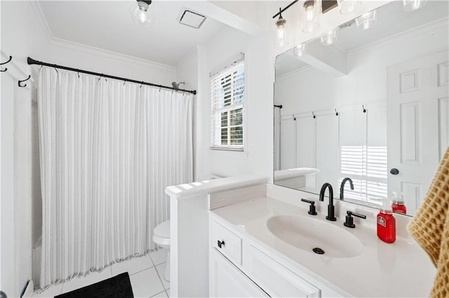 bathroom featuring crown molding, tile patterned floors, toilet, and vanity