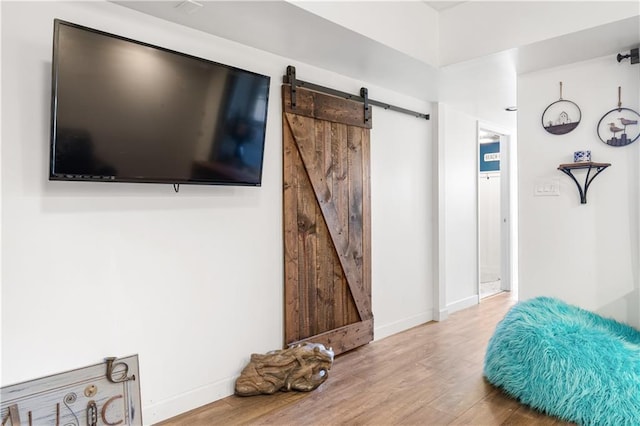 bedroom with light hardwood / wood-style floors and a barn door