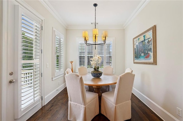 3005 Evelyn Ln, Alpharetta, GA 30004 - dining space featuring a chandelier, dark wood-style floors, and ornamental molding
