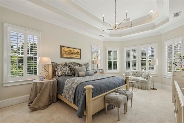 3005 Evelyn Ln, Alpharetta, GA 30004 - bedroom with a chandelier, ornamental molding, multiple windows, light carpet, and a tray ceiling
