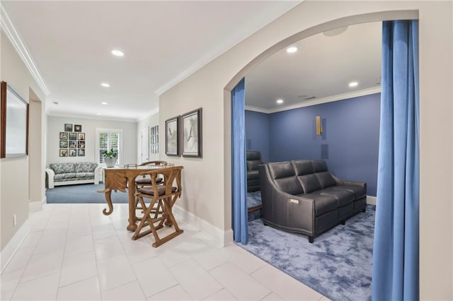 3005 Evelyn Ln, Alpharetta, GA 30004 - hallway featuring recessed lighting, arched walkways, ornamental molding, carpet, and tile patterned flooring