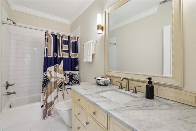 3005 Evelyn Ln, Alpharetta, GA 30004 - full bath featuring vanity, ornamental molding, shower / bathtub combination with curtain, and tile patterned floors