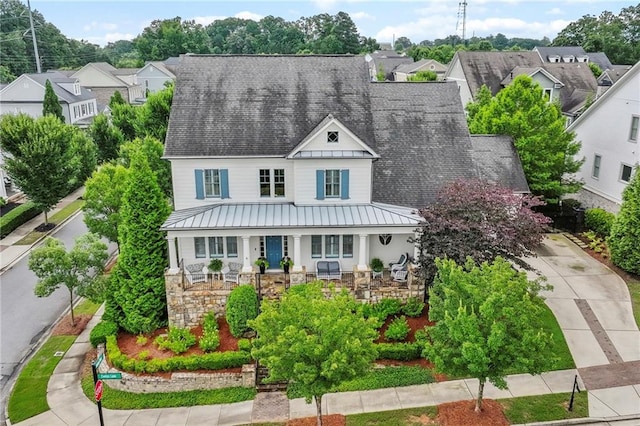3005 Evelyn Ln, Alpharetta, GA 30004 - view of front of property featuring a standing seam roof, covered porch, a metal roof, a residential view, and roof with shingles