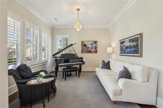 3005 Evelyn Ln, Alpharetta, GA 30004 - carpeted living room with crown molding and a chandelier