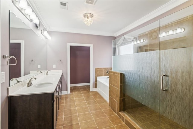 bathroom featuring vanity, tile patterned floors, ornamental molding, and independent shower and bath