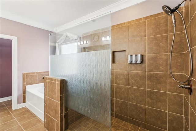 bathroom with ornamental molding, shower with separate bathtub, and tile patterned flooring