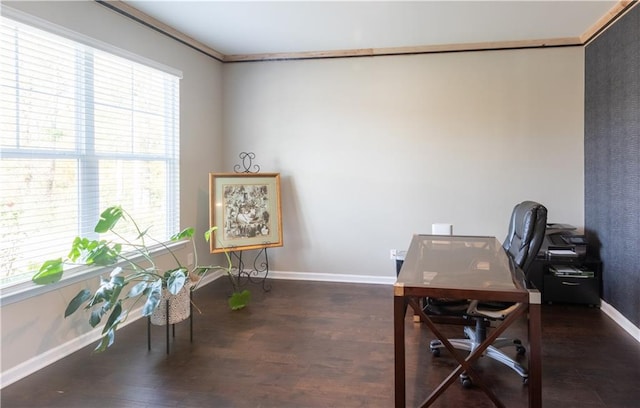 office area with dark hardwood / wood-style floors and crown molding