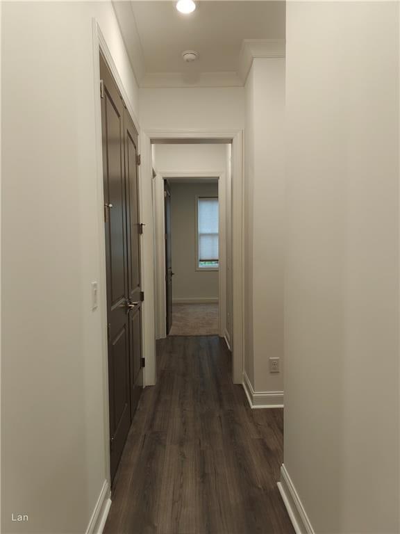 hallway with crown molding, dark wood-style flooring, and baseboards