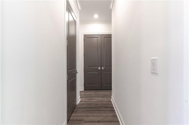4948 Sudbrook Way, Peachtree Corners, GA 30092 - hall with crown molding, baseboards, and dark wood-type flooring
