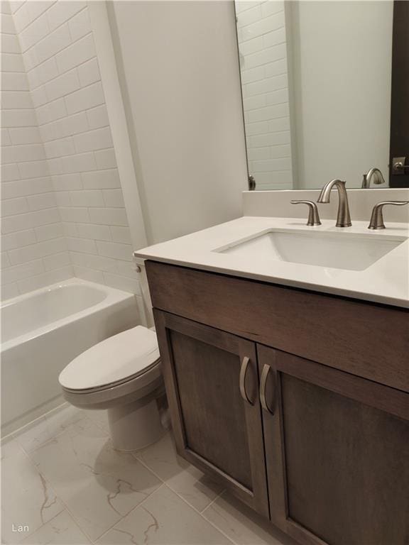 full bath featuring marble finish floor, vanity, toilet, and bathing tub / shower combination