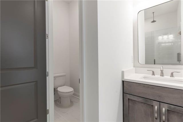 4948 Sudbrook Way, Peachtree Corners, GA 30092 - bathroom featuring vanity, marble finish floor, toilet, and a shower stall