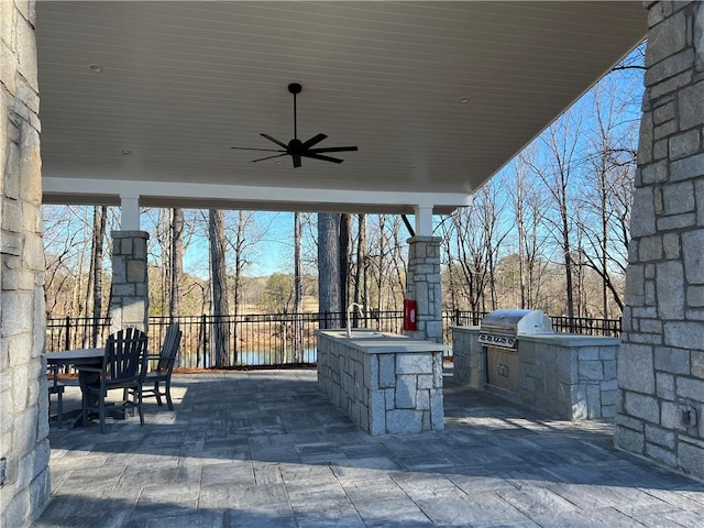 4948 Sudbrook Way, Peachtree Corners, GA 30092 - view of patio / terrace featuring fence, a sink, an outdoor kitchen, a ceiling fan, and a grill
