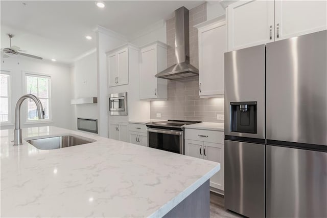 4948 Sudbrook Way, Peachtree Corners, GA 30092 - kitchen with wall chimney exhaust hood, white cabinetry, tasteful backsplash, a sink, and stainless steel appliances