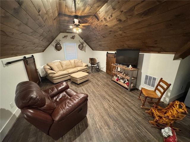 living room with ceiling fan, wood-type flooring, a barn door, wooden ceiling, and lofted ceiling