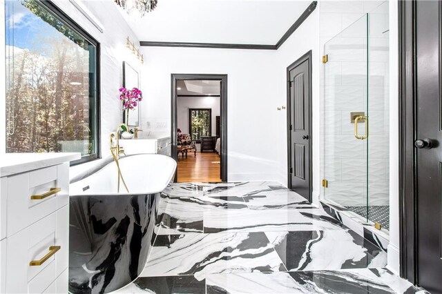 bathroom featuring vanity, plus walk in shower, and crown molding