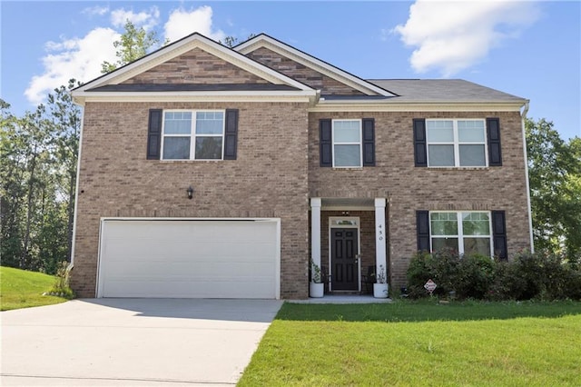 450 Noblewood Dr, Mcdonough, GA 30252 - view of front of house featuring an attached garage, driveway, a front lawn, and brick siding