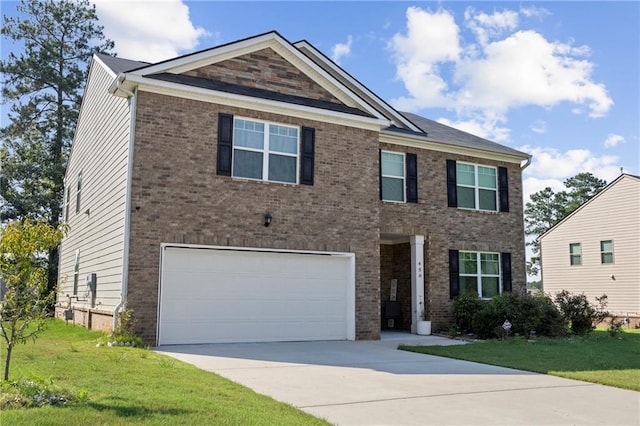450 Noblewood Dr, Mcdonough, GA 30252 - view of front of home with a garage, a front yard, concrete driveway, and brick siding