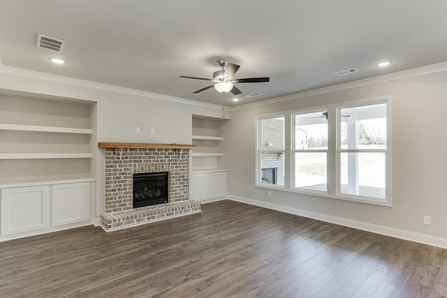 unfurnished living room with visible vents, baseboards, a brick fireplace, and a ceiling fan