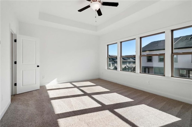 carpeted empty room featuring a raised ceiling