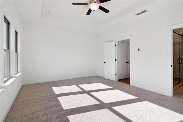 unfurnished bedroom with multiple windows, carpet floors, and a tray ceiling