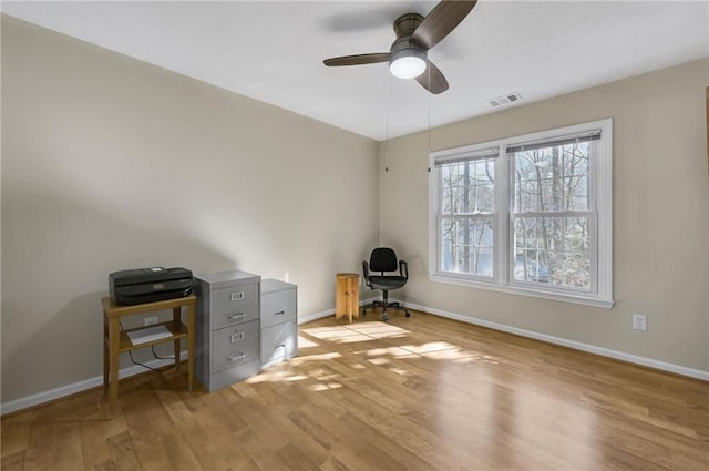 office area with light wood-type flooring and baseboards