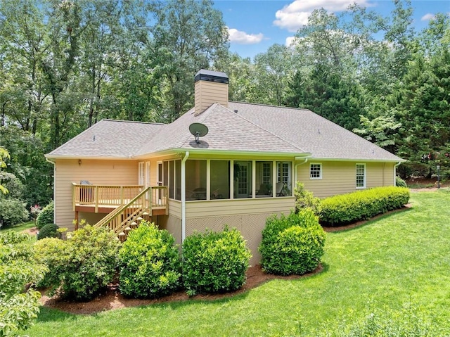 2140 Old Orchard Ln, Canton, GA 30114 - rear view of house featuring stairway, a yard, a chimney, a shingled roof, and a wooden deck