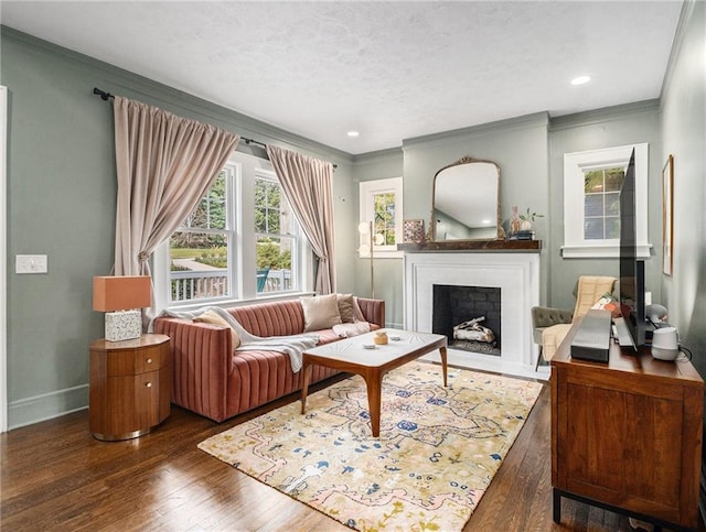 living room with a textured ceiling, dark wood-style flooring, a fireplace, baseboards, and ornamental molding