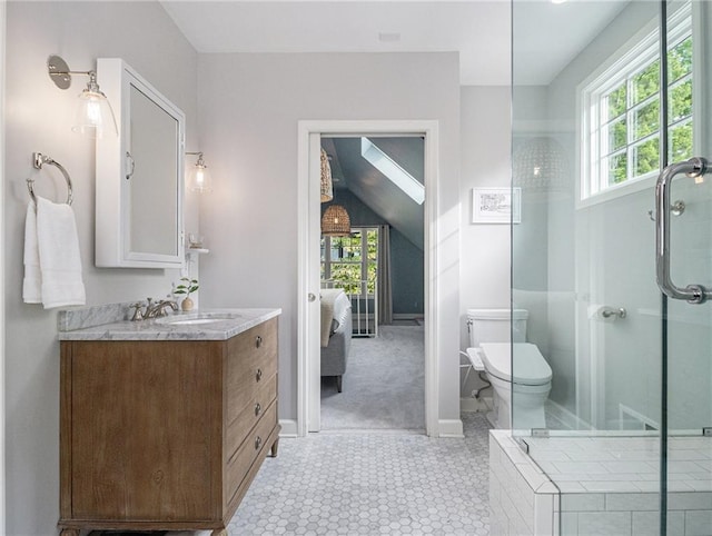 bathroom featuring a healthy amount of sunlight, toilet, vanity, and ensuite bath