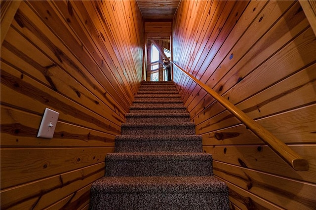 staircase with wooden walls