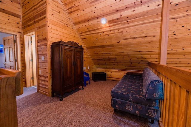 living area featuring wooden walls, carpet flooring, vaulted ceiling, and wooden ceiling