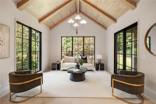 3292 Lenox Pl NE, Atlanta, GA 30324 - living room with beam ceiling, a chandelier, and high vaulted ceiling