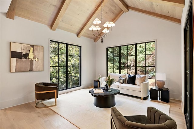 3292 Lenox Pl NE, Atlanta, GA 30324 - living area with wood finished floors, a chandelier, high vaulted ceiling, and a wood ceiling with exposed beams